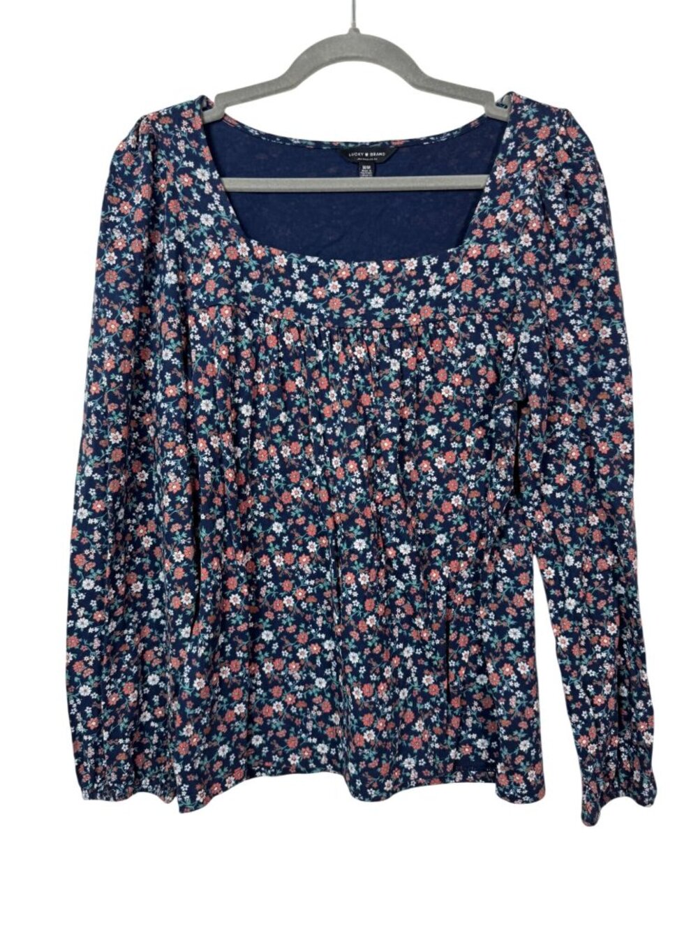 Lucky Brand Ditsy Floral Long Sleeve Top Blue Multicolor‎ Size Medium Squareneck